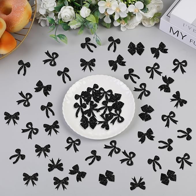 200 Pcs Black Bow Confetti, Bow Table Scatter Confetti Decorations, Black White Table Paper Decor for Baby Shower Birthday Wedding DIY Crafting Supplies