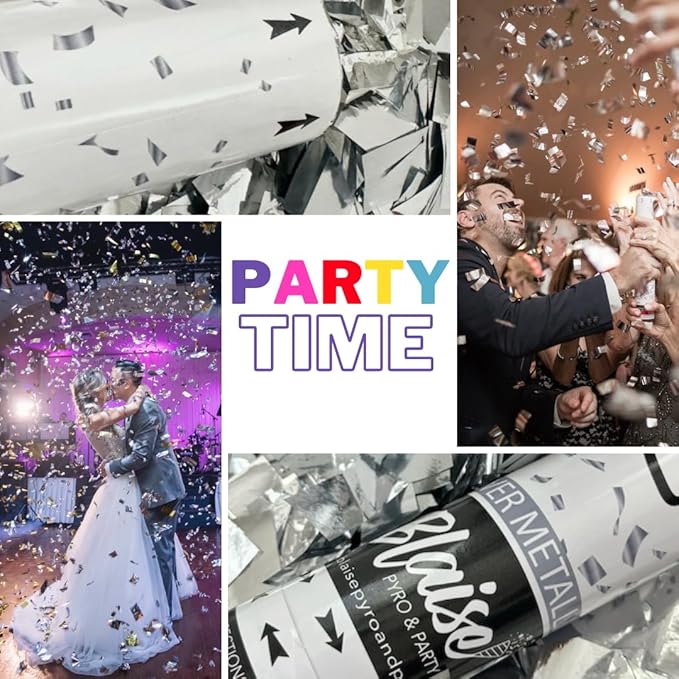 Blaise Pyro & Party Silver Confetti Poppers - Easy to Use Paper Confetti Poppers for Weddings, Birthdays, Anniversaries & More - Colorful Confetti Cannon for Memorable Photos - 6 Pack, 18 Inch