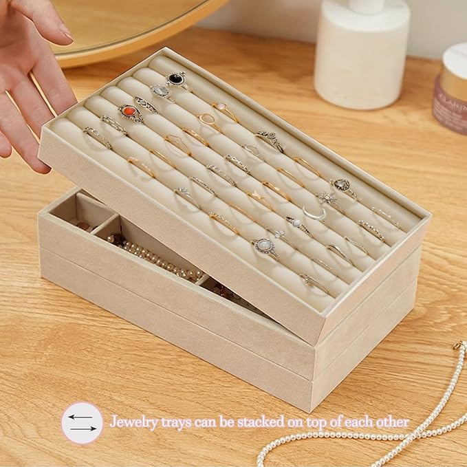 SPAKOWN Stackable Jewelry Organizer Trays for Drawer Set of 8 Adjustable Velvet Jewelry Tray Earring Organizer Necklace Ring Bracelet Display Case for Women Girl (Beige)