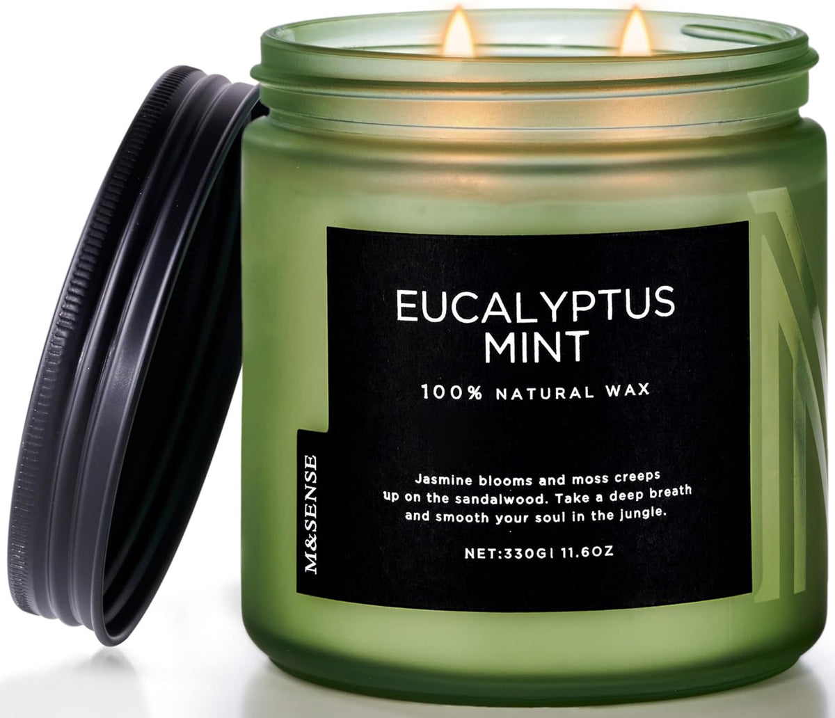 M&SENSE Eucalyptus & Mint Soy Candles for Home Scented, 11.6oz 70 Hour Burn Aromatherapy Candle Gift for Stress Relief, Meditation, Yoga, Relaxing SPA, Reusable Jar for Men and Women