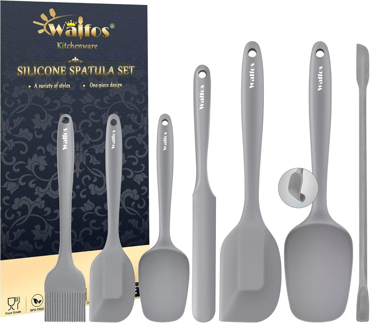 Walfos Silicone Spatula Set (7pcs) - 600℉ Heat Resistant Silicone Scraper Spatulas with Stainless Steel Core