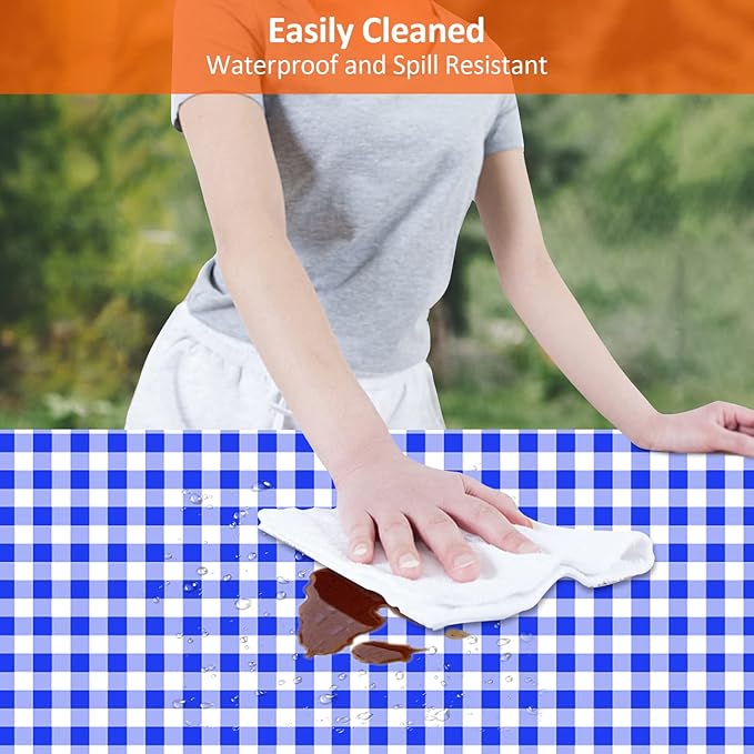 7ft Picnic Table and Bench Cover, Camping Essentials RV Gear, 84 in Waterproof Windproof Outdoor Elastic All Around Tablecloth, Fitted Rectangle Tables and Seats, Blue-White Checkered