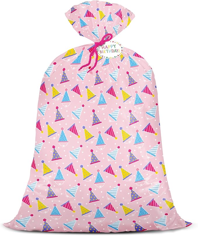 WRAPAHOLIC 56" Extra Large Birthday Plastic Gift Bag - Pink Party Hat Jumbo Bike Bag Gift Wrap for Women Girls Birthday, Baby Shower, Wedding, Bridal Shower - 56" H x 36" W