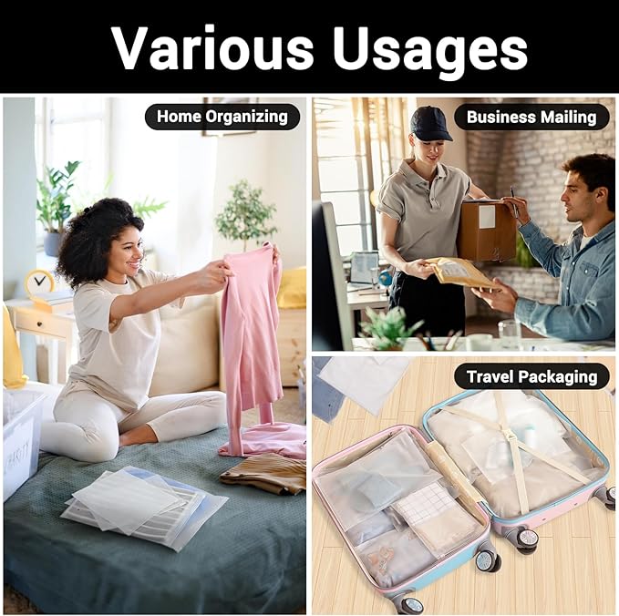 Packaging Bags, 5 Sizes 12x16" 10x13" 8x10" 12x8" 10x7" Pack of 50, 3 Mil Thick Plastic Shipping Bags for Business Clothing Packing Craft & Hobby Storage, Frosted, with Vent Hole
