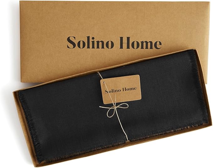 Solino Home Linen Black Table Runner 60 Inches - Fringe, 100% Pure Linen Short Table Runner 14 x 60 Inch Ideal for Dresser and Coffee Tables - Spring