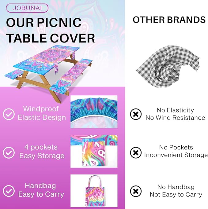 3 Piece 96x30Inch Picnic Table Cover with Bench Covers Fitted Elastic Weather Proof Camping Table Clothes Camp Motorhome Tools Gardening Rv Items Outside Road Trips Must Haves Gift for Adults