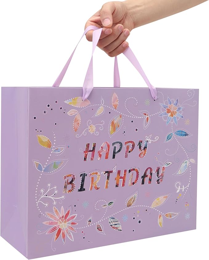 Qirrmiy 13'' Large Happy Birthday Gift Bag Set with Handles, Greeting Card, Purple Tissue Papers and Stickers for Women Girls, Purple Floral Design, 1 Pcs
