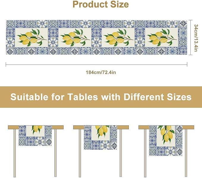 Yellow Lemon Table Runner, Blue Tiles Summer Holiday Tasty Fruit Healthy Fruit Vintage Watercolor Rustic Botanic Table Cover for Party Picnic Dining Room Kitchen, 13x36inch