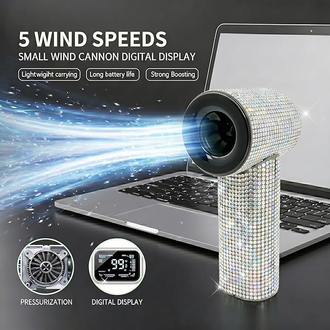 Portable Handheld Fan, Luxury Diamond Turbo Mini Fan with Digital Display, 5 Speeds USB-C Rechargeable Personal Fan for Women Men, Small Pocket Fan for Travel, Makeup, Outdoor (Sparkling-Black)