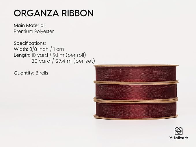 Vitalizart 3/8" x 30Yd Organza Ribbon Christmas Red Sheer Ribbons Set 10 Yd x 3 Rolls Handmade Eco-Friendly for Gift Wrapping Christmas Tree Crafts Bows Wedding Invitations Wreaths Wrap