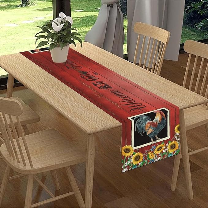 Rooster Table Runner, Farmhouse Vintage Chicken Wooden Sunflower Floral Cow Pig Red Coffee Table Center Decor for Family Kitchen and Dining Room Outdoor Country Party Table Decorations, 13"x36"