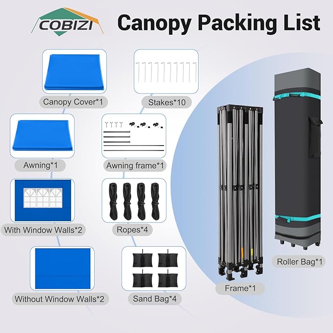 COBIZI 10x20 Pop Up Canopy Tent Heavy Duty with Sidewalls, Outdoor Commercial Canopy with Awning, Waterproof&45 SF Extended Awning, Vendor Tent for Market, Party Events, Blue