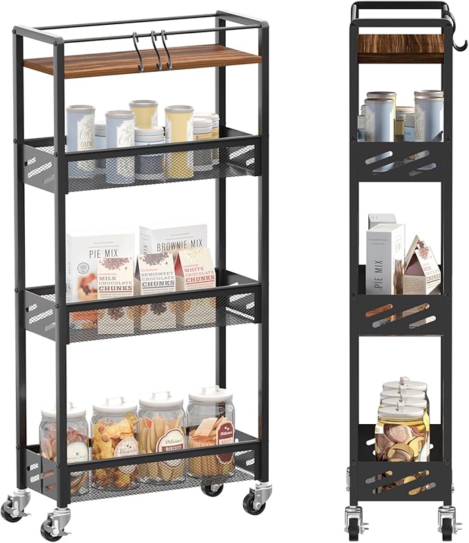 DGSNADGO Slim Rolling Storage Cart, 4-Tier Kitchen Cart on Wheels, Narrow Utility Cart with Handle and Wooden Tabletop for Small Space in Kitchen, Living Room, Bathroom, Rustic Brown and Black