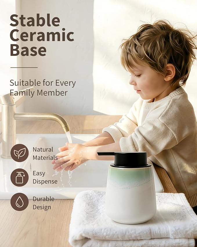 Bosilunlife Ceramic Bathroom Soap Dispenser - 12Oz Bathroom Countertop Kitchen Dish Soap Pump Dispenser Liquid Soap Dispenser - Matte White with Blue-Green Rim