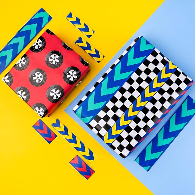 WRAPAHOLIC Birthday Wrapping Paper Roll - Mini Roll - 4 Rolls - 17 Inch X 120 Inch Per Roll - Cool Racing Cars and Autodrome Print for Birthday, Party, Baby Shower Packing