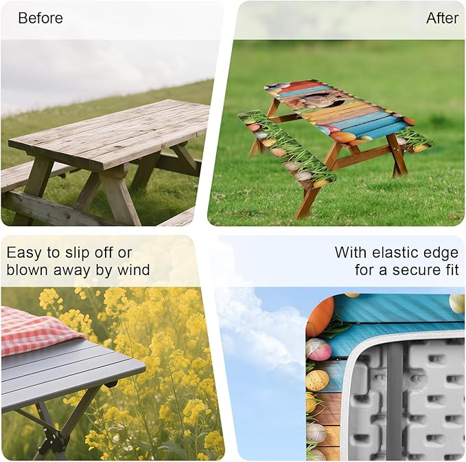 ANNA QUEEN 6FT Easter Bunny Picnic Table Cover with Bench Covers Picnic Table Cover Set 3PCS 72"x30", Outdoor Bench and Tablecloth Furniture Protection