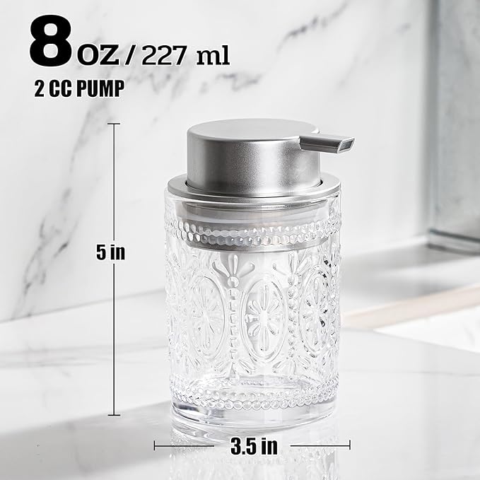 Glass Foaming Soap Dispenser Set - 2 Pack Foam Hand Soap Dispenser for Bathroom, Clear Hand Wash Dispenser Bottle with Matte Silver Pump for Kitchen, 8 Oz Refillable Dish Liquid Foam Dispenser 2 Pcs