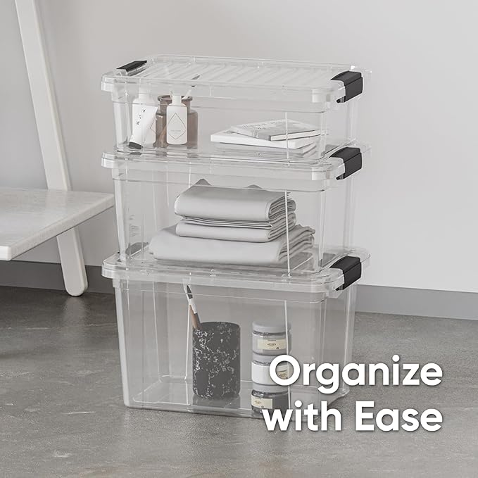 Superio Small Storage Bins with Lids - Clear Boxes for Organizing, Stackable Plastic Containers - BPA Free, Non-Toxic, Odor Free, Organizer for Home, Office, Dorm(4 Pack, 11 Qt)