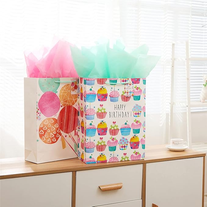 SUNCOLOR 16 Inch Extra Large Gift Bags for Birthday Party with Tissue Paper, 2 Pack Cupcake Design, 15.7x12.6x5.7 Inches