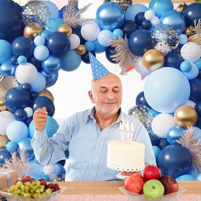 Navy Blue Balloon Garland Arch Kit, 151 Pcs Blue and White Chrome Gold Balloons with Gold Confetti Balloons for New Year Graduation Party Supplies Men Birthday Anniversary Wedding Decorations