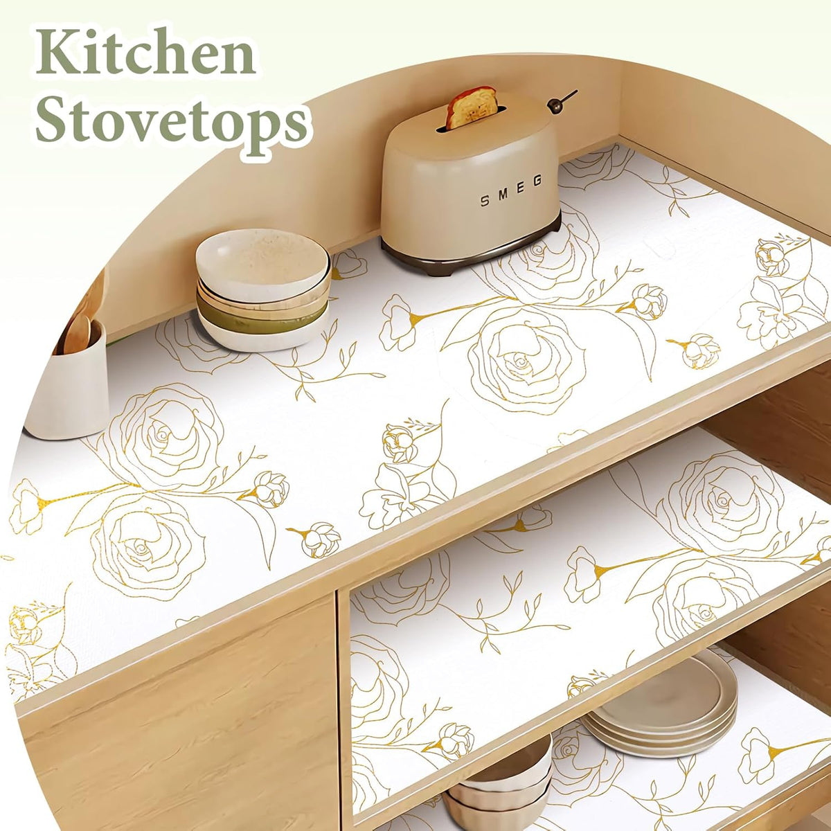 Shelf Liners for Kitchen Cabinets 12in x 39.37FT Non Adhesive Drawer Liner Gold Floral Thickened Shelf Liner Paper Strong Non-Slip Easy to Clean for Tool Box Refrigerator with Knife and Tape Measure