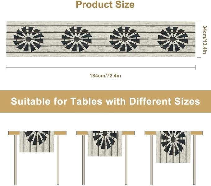 Retro Windmill Table Runner, Rustic Farmhouse Wood Grain Country Style Print Table Runner for Dinning Holiday Party Indoor Outdoor Decor, 13x60inch