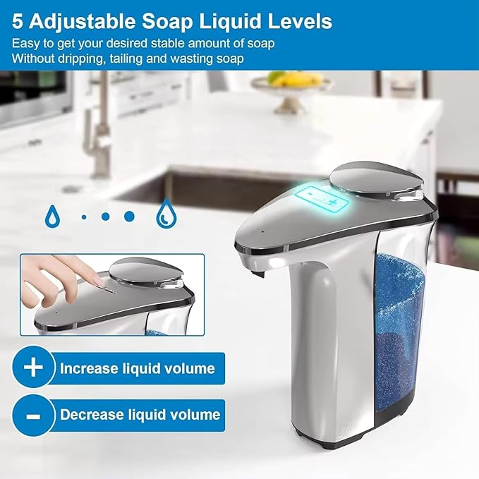 Automatic Soap Dispenser, Touchless Dish Soap Dispenser 17oz/500ml with USB Rechargeable Battery Infrared Sensor, 5 Adjustable Soap Levels, Liquid Hand Soap Dispenser (Silver, 17oz/500ml)