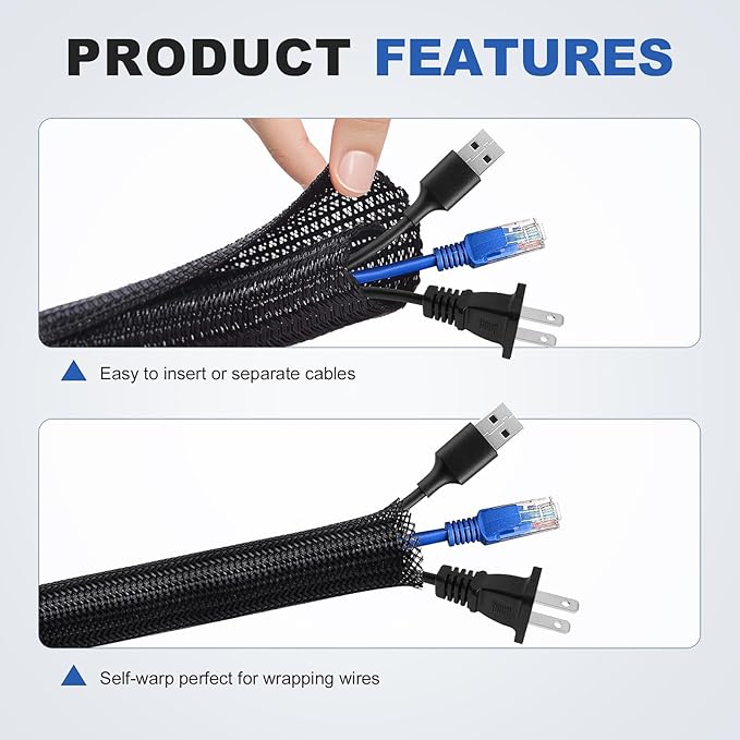 16ft - 3/8 inch Cable Management Sleeve Cord Protector, Split Wire Loom for USB TV Computer, Braided Wire Cover Hider Organizer Tubing Protect Cat Dog from Chewing, Black