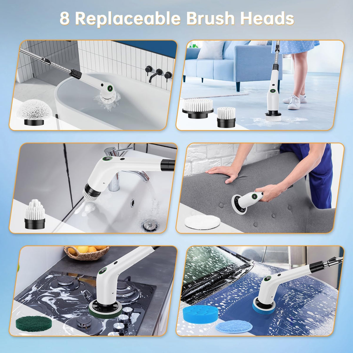Electric Spin Scrubber, Cordless Shower Scrubber with 8 Scrub Brush, 2 Speed with Adjustable Extension Handle, Battery Level Display
