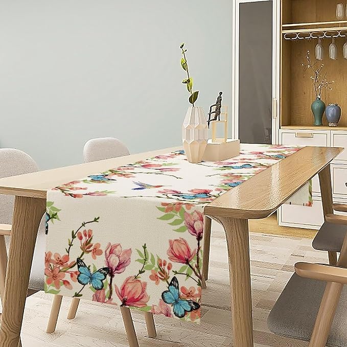 Spring Flower Table Runner, Seasonal Rustic Garden Flowers Bird Butterfly Print Table Runner for Home Kitchen Table Decor, 13x60inch