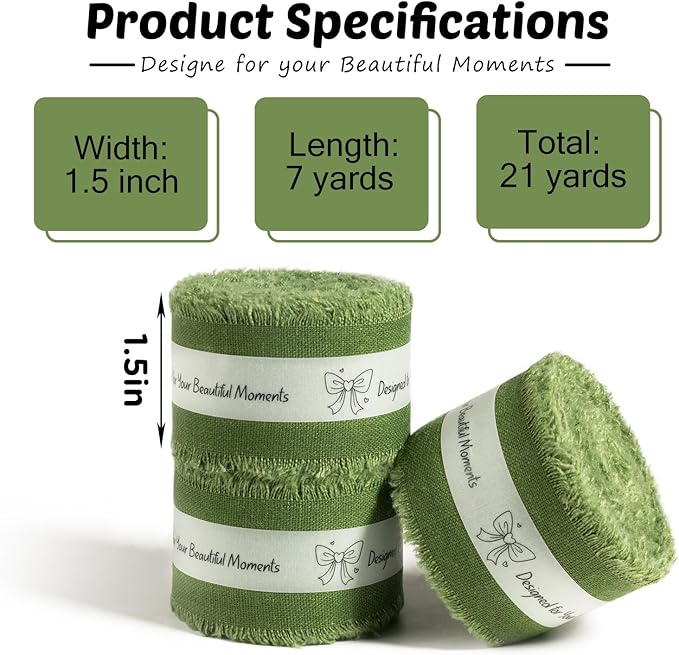 Moss Green Cotton Ribbon 1-1/2 Inch Moss Green 3 Rolls 21 Yards Frayed Edge Fabric Set for Rustic Wedding Decor, Bridal Bouquet Wrap, Woodland Theme Party, Baby Shower & Wreath Making