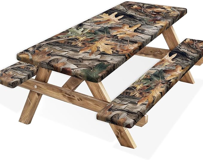 Camo Picnic Table Cover with Bench Covers, Oak Camouflage Patterns Camping Essentials Tablecloth Waterproof Fitted Rectangle Tables and Seats, Outdoor Table Covers with Elastic Windproof Edges