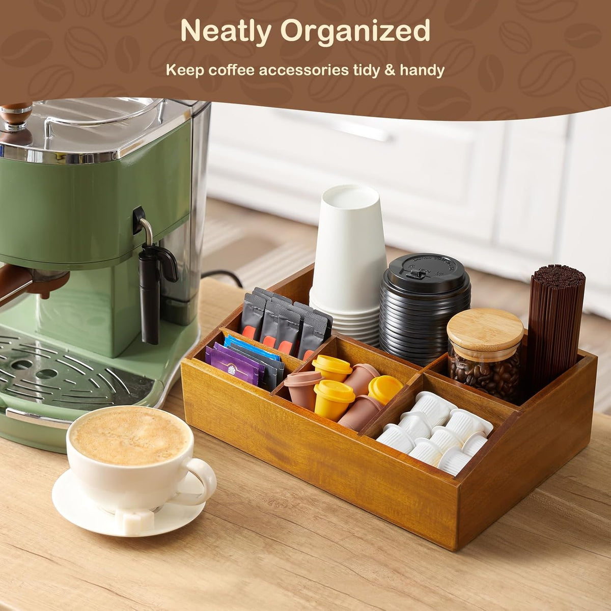 Acacia Wood Coffee Station Organizer for Countertop, Coffee Bar Accessories and Organizer, Pod Holder Storage Basket for K Cup Sugar Tea Bag