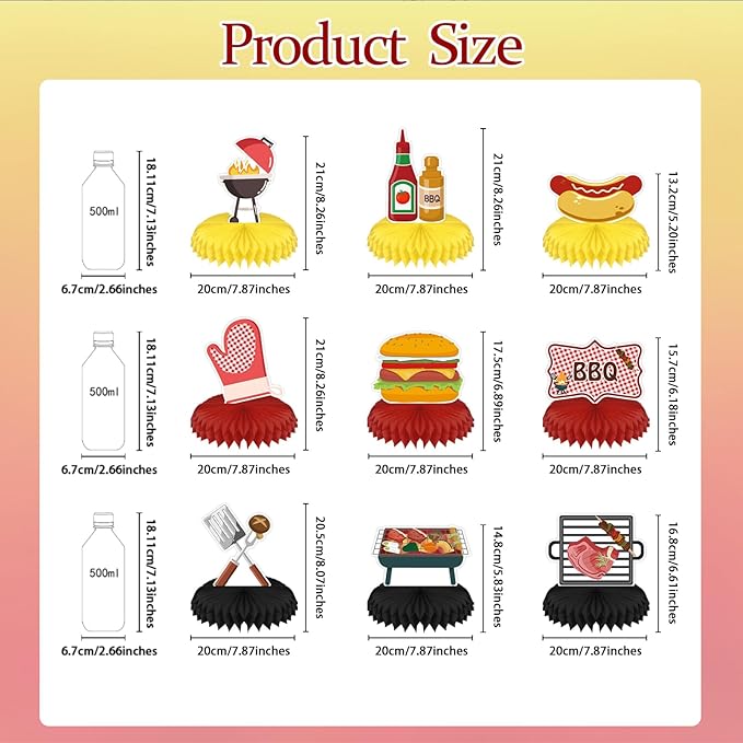 9PCS BBQ Party Decorations BBQ Baby Shower Table Centerpieces Picnic Decorations Honeycomb Table Toppers for Baby Q Baby Shower Decorations Summer Birthday Party