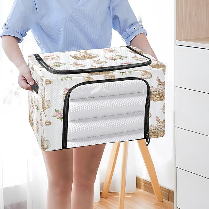 senya Watercolor Easter Rabbit Pattern Clothes Storage Bins with Clear Window Happy Easter Foldable Storage Bag with Lids