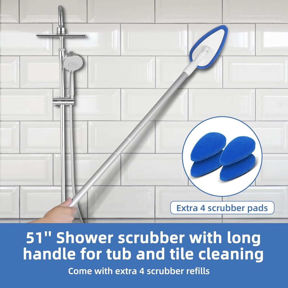 Qaestfy Shower Bathtub Tub Tile Scrubber Cleaning Brush with 51'' Handle, 5 Non-Scratch Scouring Pads