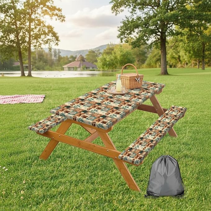 JAWO Coffee Pattern Picnic Table Cover,Bohemian Geometric Vintage Floral Tablecloth with Elastic Edge,Camping Design for Outdoor Camping, BBQ Decor, 72x30 Inch