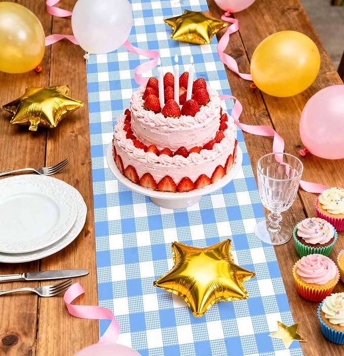 6 Pcs Light Blue and White Checkered Table Runner Plastic 14 x 108 Disposable Baby Blue Gingham Table Runner for Birthday Wedding Baby Shower Party Table Centerpiece Decorations