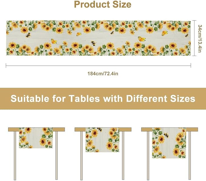 Sunflower Table Runner, Yellow Floral Flower Butterfly Country Rustic Table Runner for Outdoor Home Party Kitchen Dining Holiday 13x90in