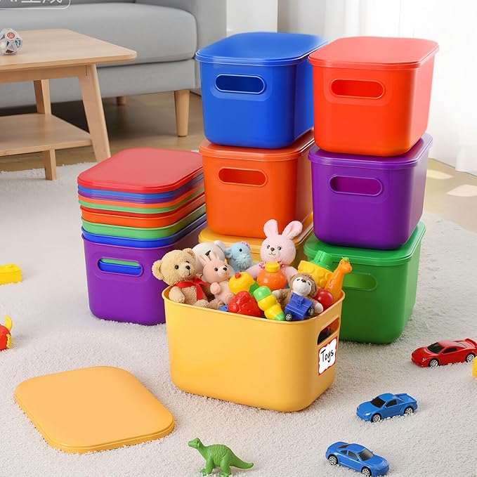 Thyle 6 Pack Vibrant Colorful Plastic Storage Bins with Lids 7 Quart Toy Storage Box Stackable Nestable Organizer Boxes with Handle and Labels for Classroom Shelf Bedroom Desktop Toys School Supplies