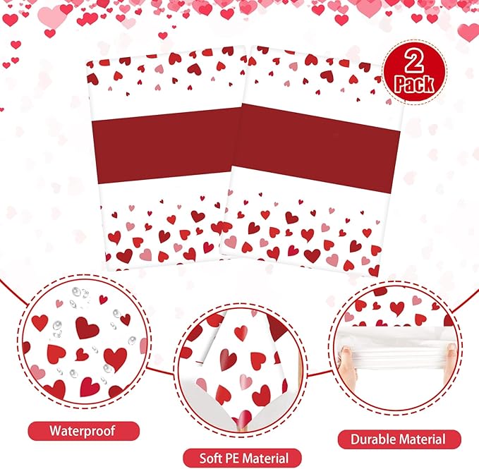 Red Table Cloths Rectangle - 2 Pack Heart Pattern Valentine's Day Decoration Party, Disposable Plastic Tablecloth 54" x 108", Suitable for Valentine's Day Wedding Anniversary Party Decoration