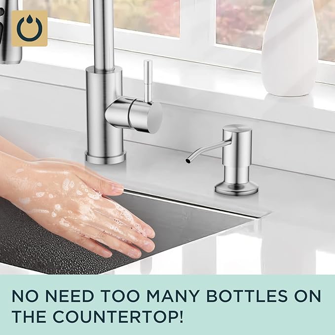 FORIOUS Brushed Nickel Soap Dispenser for Kitchen Sink with 500ML/18OZ Bottle, Lotion Dispenser Built in Refill from The Top for Countertop Sink