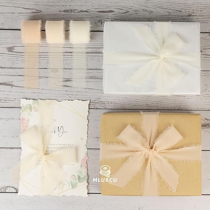 Cream Chiffon Ribbon - 1 Inch x 21 Yards Handmade Fringe Silk Ribbon for Boho Wedding, Gift Wrapping & Flower Bouquets