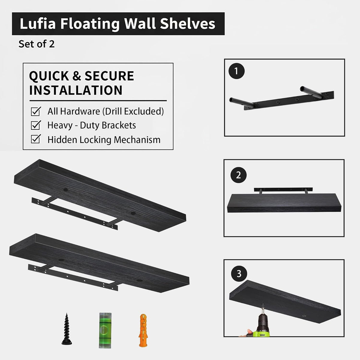 Lufia Floating Wall Shelves, Set of 2, MDF with Invisible Brackets, Modern Storage for Bedroom, Bathroom, Living Room, Kitchen (Black