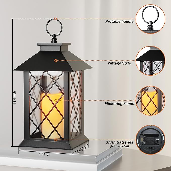 13.4" Lanterns Decorative Indoor, Black Lantern Decor with Timer Flickering Candle, Diamond-shaped Outdoor Lanterns, Waterproof Hanging Lantern for Patio, Porch, Entryway, Centerpieces, 1 Pack