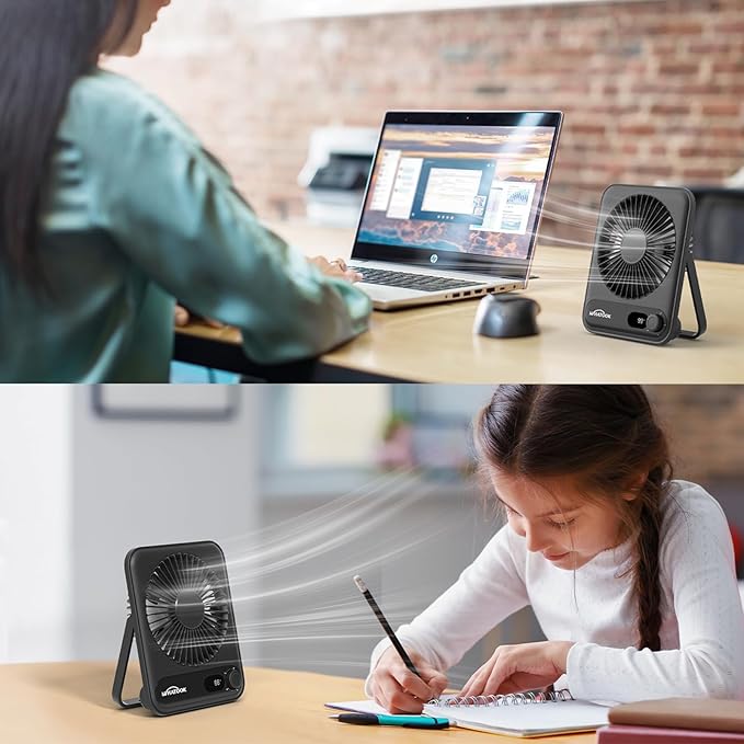 WHATOOK Desk Fan 2 Pack: 100 Speeds Stepless Control 5000mAh Battery Operated Portable Fan, Rechargeable Table Fan for Cruise Ship Essentials, Gift for Couples, Dorm, Office, Bedroom(Black and Black)