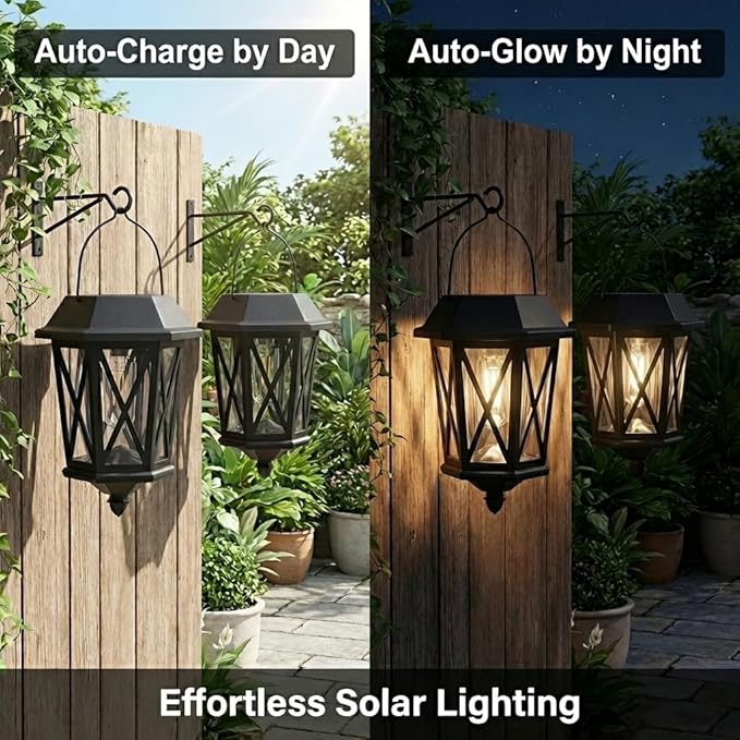 Solar Lanterns Outdoor Waterproof, Hanging Solar Lights with Glass Shade - 2 Pack LED Metal Wall Mount Outdoor Light for Yard/Garden/Patio - Black