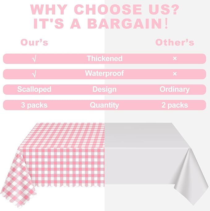 NatNarr 3 Pack Pink Gingham Tablecloths, 54 X 108Inch Scalloped Pink and White Checkered Table Cloth, Disposable Party Table Covers for Wedding Picnic Birthday Baby Bridal Shower Anniversay