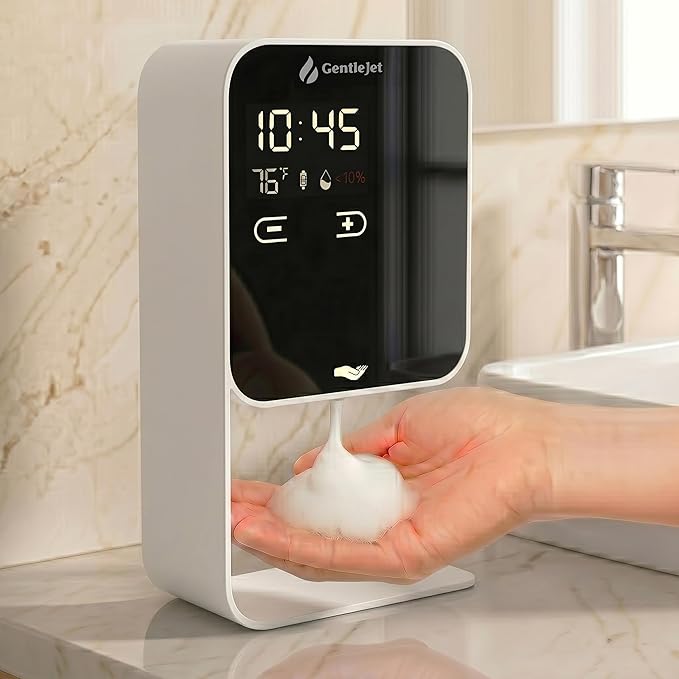 GentleJet LuxeJet Automatic Foaming Soap Dispenser – Touchless Sensor, LED Display, 5 Foam Levels, Wall Mount or Countertop, Rechargable USB-C or Battery Powered, Aluminum Alloy, 480 ml Refillable