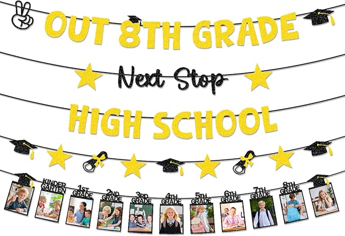 8th Grade Graduation Decorations - 5PCS out 8th Grade Graduation Glitter Banners Photo Banner Decor 2026, Black Gold Middle School Congrats Grad Party Supplies (No-DIY)